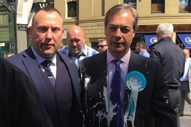 Brexit Party leader Nigel Farage after he was doused in milkshake during a campaign walkabout in Newcastle. Pic: Tom Wilkinson/PA Wire.