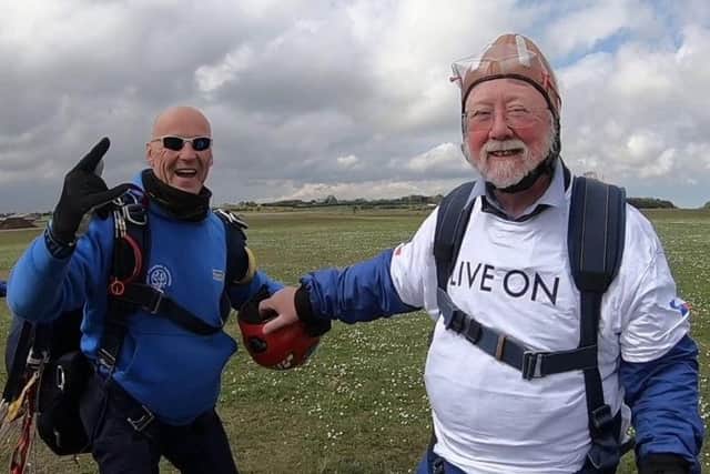 Coun Lethbridge (right) with parachute instructor Mick Cosgrove