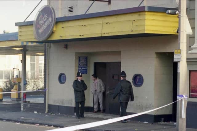 The scene outside the Blue Monkey as a murder inquiry got under way in January 1992.