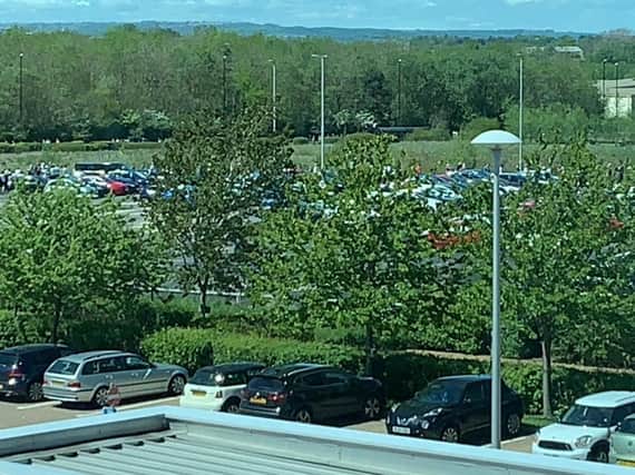 Staff outside the npower offices at Rainton Bridge, Houghton, after a suspicious package was found there earlier today. Picture courtesy of Scott Goodacre.