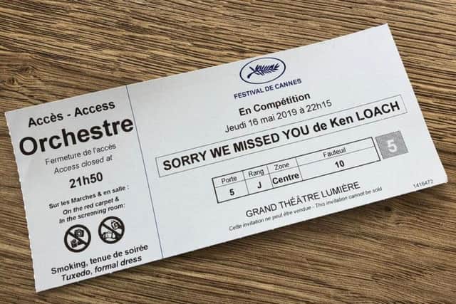 Ross Brewster's ticket for the Cannes Film Festival screening of the new Ken Loach film Sorry We Missed You.