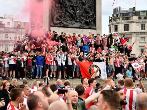 Sunderland fans congregating at Trafalgar Square yesterday as they began arriving for the play-off final v Charlton Athletic at Wembley.