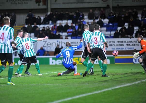 GOAL?! Hartlepool United striker Marlon Harewood shoots the ball past Blyth keeper Peter Jeffries only for his 'goal' to be ruled out. Picture by FRANK REID