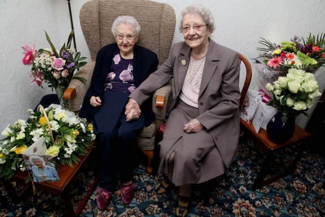 CELEBRATION: Margaret McMann (left) celebrates her 100th birthday with her sister Annie Pratt (94, former Mayor of Sunderland 1983-84) Picture: DAVID WOOD
