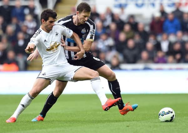Newcastle's Mike Williamson (right) in action against Swansea
