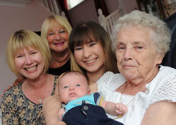 Five generations of the Hylton family, from left, great-grandmother Patricia Hylton, nana Jayne Hutchinson, Emma Louise Fish and great-great-grandmother Nancy Mowbray, holding William Derek Allen.