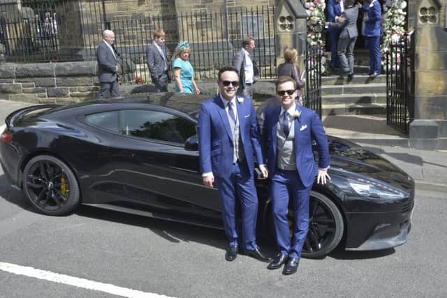 TV host Declan Donnelly arrives with Ant McPartlin before Dec's wedding to Ali Astall, at St Michael's Church, Elswick, Newcastle