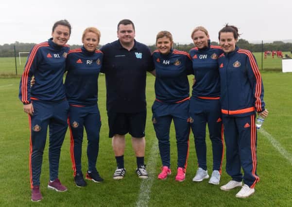 The annual memorial football tournament in memory of Erin Bates,below, took place at the Northern Area Playing Fields, Washington. Pictured with Erins dad Simon are members of SAFC ladies team. Inset, Simon with Tina Reed of Durham Football Association, who helped organise the event.