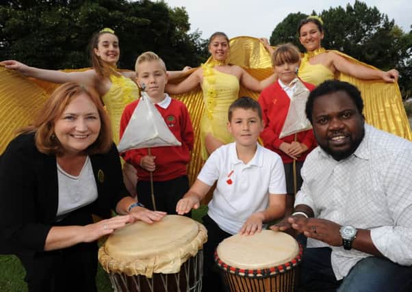Zazz Performing Arts dancers Victoria Bower, Abbie Brown, Katie Dover, Arts Isiziba drummer Fanuel, Burnside Primary pupils, Logan Scholick, James Howell and Lily Hodgson join Coun Anne Lawson for the launch of Houghton Feast.