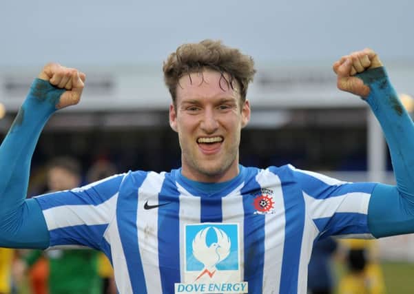 Ryan Bird celebrates his goal for Hartlepool during their 1-0 victory against Wimbledon last season.  Picture by FRANK REID