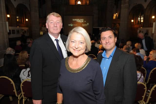 Kate Adie at the launch of Sunderland on Film, with Coun John Kelly and Graham Relton, in Sunderland Minster