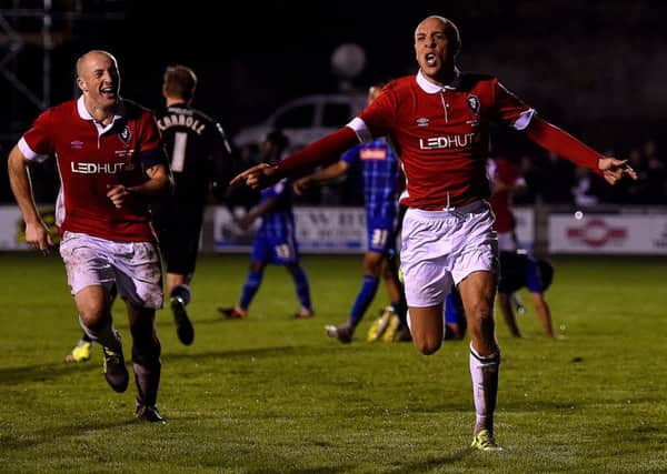 Salford City's Richie Allen celebrates scoring his side's second goal against Notts County