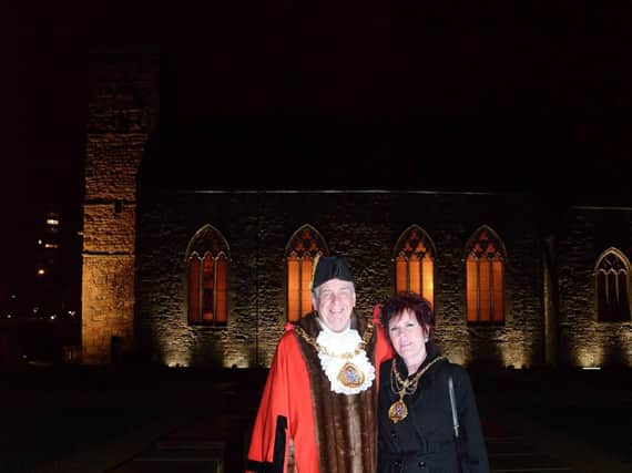 New floodlights illuminating St. Peter's Church, Sunderland which were officially turned on by Mayor and Mayoress of Sunderland Cllr Barry Curran and his wife Carol Curran.