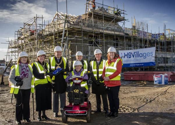 (from left) Coun Norma Wright, Mayoress Carol Curran; Mayor Coun Barry Curran, Coun Rosalind Copeland; Alastair Sheehan, development and planning director at HB Villages, Pete Ottowell, chairman of Inclusion Housing and Janine Forshaw, new build project manager for Lifeways.