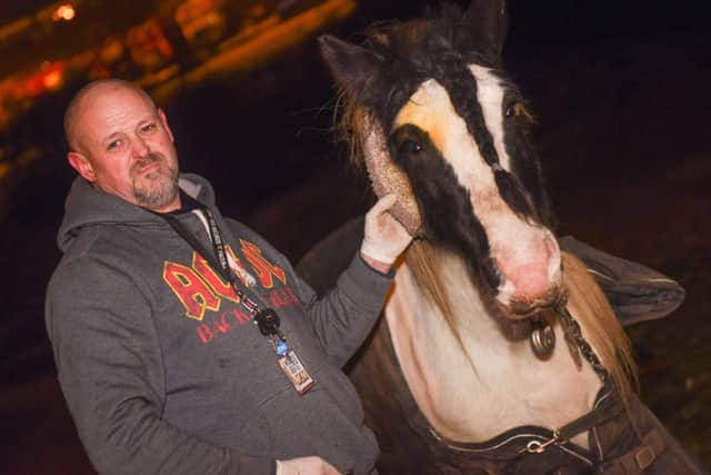 Andrew Laing with his horse Lloyd that had its neck slashed, while on grassland in St Lukes Road, Pennywell, Sunderland