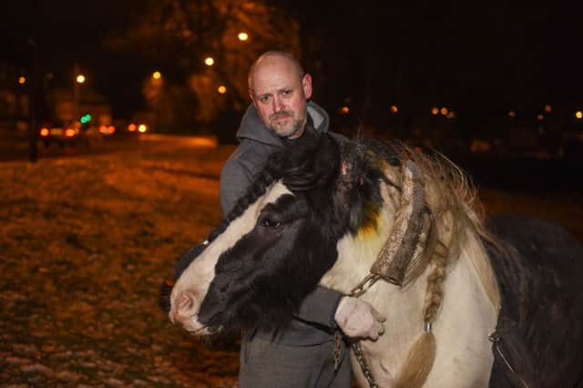 Andrew Laing with his horse. Lloyd,  that had its neck slashed while on grassland in St Lukes Road, Pennywell, Sunderland.