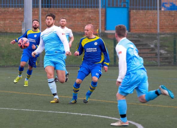 Harton & Westoe CW (light blue and white) take on Jarrow Roofing in their friendly on Saturday. The Wearside League side were outgunned 9-1 by Northern League Roofing