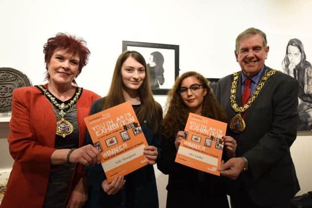The Mayor and Mayoress of Sunderland Coun. Barry Curran and his wife Carol, present prizes to two of the winners, Lilly Thompson and Alex Laidler.