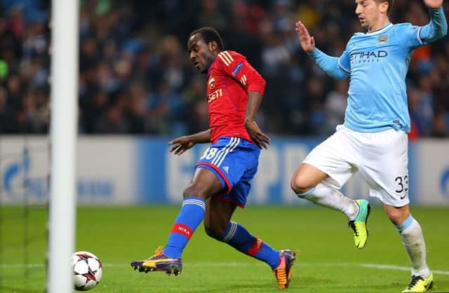 Seydou Doumbia scores his side's first goal of the game during the UEFA Champions League match at the Etihad Stadium