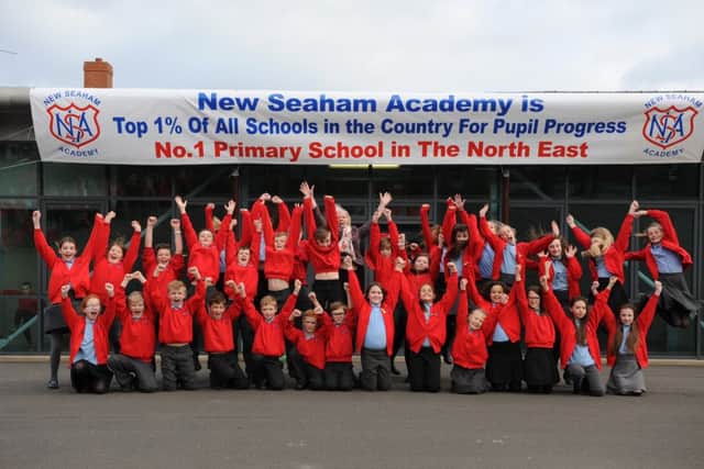 Year6 pupils at New Seaham Academy celebrate the school being the Number One school.