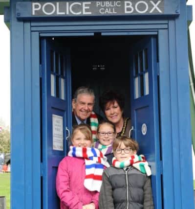 The Mayor of Sunderland Coun Barry Curran and Mayoress Carol Curran join youngsters Chloe Maw, Emily Smith and Luke Richie as they enter Dr Who's Tardis in Barnes Park to step back in time to 1915