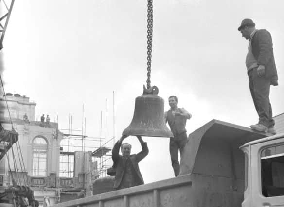 The last of the Town Hall's four bells is lowered from the clock tower of the old Town Hall in Fawcett Street in February 1971.