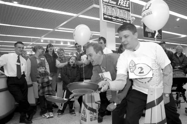 A Pancake Race at Asda in Grangetown for the Echo Scanner of Hope Appeal in 1999.