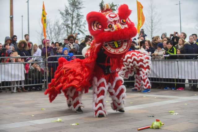 Traditioinal Chinese Lion dance in Keel Square Sunderland as part of the Chinese New Year celebrations