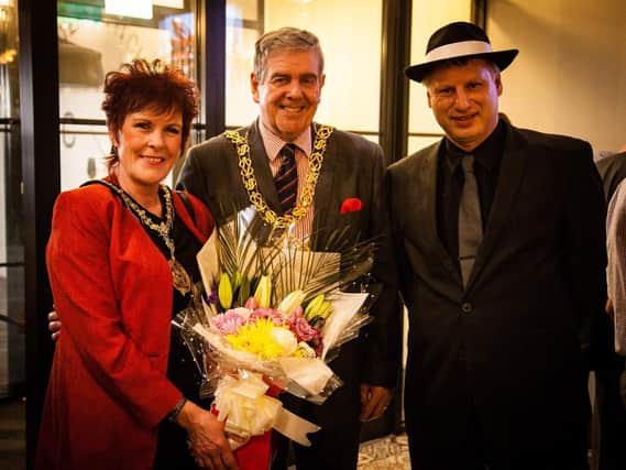 Mayor and Mayoress of Sunderland receiving flowers from Martin Hall, manager of the George Washington Hotel, part of the Ailantus Group, which houses Carter & Fitch restaurant.