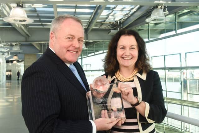Former Labour Tyne & Wear MEP Alan Donnelly presents the Global NCAP 2015 Consumer Champion Award to Shirley Atkinson vice-chancellor of University of Sunderland at a ceremony at The National Glass Centre, Sunderland, on Friday.