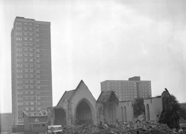 Demolition of St Pauls at Hendon in 1970 as new blocks of flats are built near by.