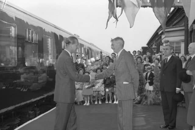 The Duke of Edinburgh is greeted by Lord Barnard, Lord Lieutenant of Durham, on his arrival at Monkwearmouth Station in 1963.