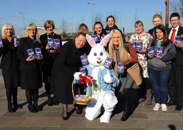 The Easter Bunny helps launch Hope4kidz Easter Egg appeal, with Viv Watts and Sharon Downey joined by Sunderland City Centre businesses.