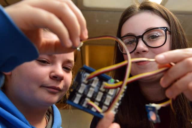 Thornhill School pupils Abi Mennear and Rhian Kilty take part in one of the engineering taster sessions.