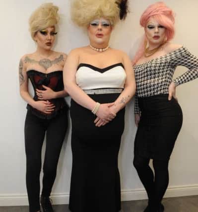 Drag Queens, Chloe Owens, Anthony Swift and Chris Lackenby wearing wigs created by Neville Ramsay, at A List Salon, Durham Road, Sunderland
