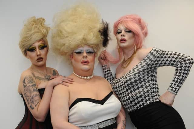 Drag Queens, Chloe Owens, Anthony Swift and Chris Lackenby wearing wigs created by Neville Ramsay, at A List Salon, Durham Road, Sunderland