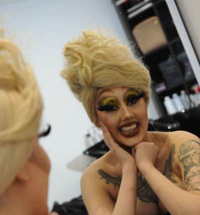 Drag Queen Chloe Owens wears a Neville Ramsay wig at A List Salon, Durham Road, Sunderland
