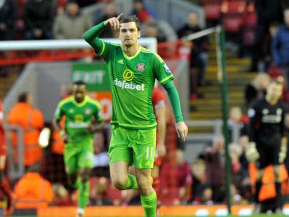 Adam Johnson after scoring during his last game for Sunderland at Anfield, Liverpool.
