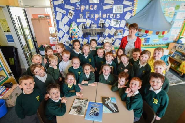 Pupils at Hill View Infant Schol, Helvellyn Road, Sunderkland, whi have been selected to receive some seeds from Space Staion astronaut Tim Peake. Pictured are Class 7 teacher Catherine Scott and her class 7 Year 1.