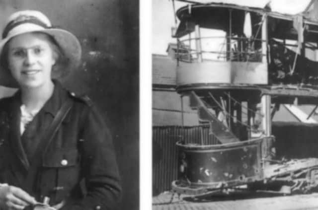 Tram conductress Margaret Ann Holmes pictured in 1916, before the Zeppelin raid. Right is Tram 10 pictured after the bombs dropped.