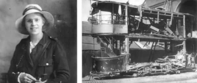 Tram conductress Margaret Ann Holmes pictured in 1916, before the Zeppelin raid. Right is Tram 10 pictured after the bombs dropped.