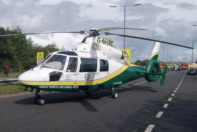 The Great North Air Ambulance at the scene of the crash on the A690 at East Rainton in which Dolores Hubbard, 81, died on August 29, 2014.
