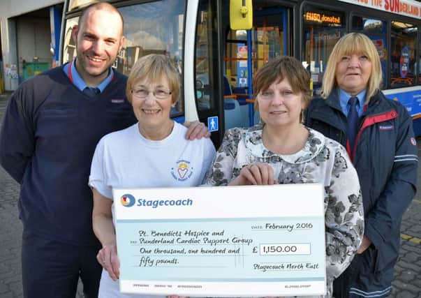 Bus drives Graham Thompson with mum Christine,  from SCSG, Catrina Flynn from St Benedict's Hospice, and driver Oz McCormack.