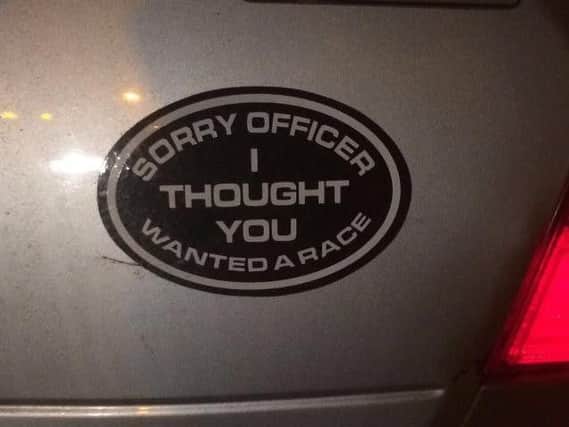 A sticker attached to the back of a car pursued by police. Picture: Durham Road Policing Unit.