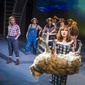 Catherine Tate (Myrna Ranapapadophilou)  & various cast in Miss Atomic Bomb, St James Theatre, photo Tristram Kenton. Michelle Andrews second from left.
