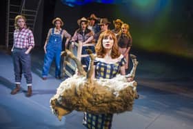 Catherine Tate (Myrna Ranapapadophilou)  & various cast in Miss Atomic Bomb, St James Theatre, photo Tristram Kenton. Michelle Andrews second from left.