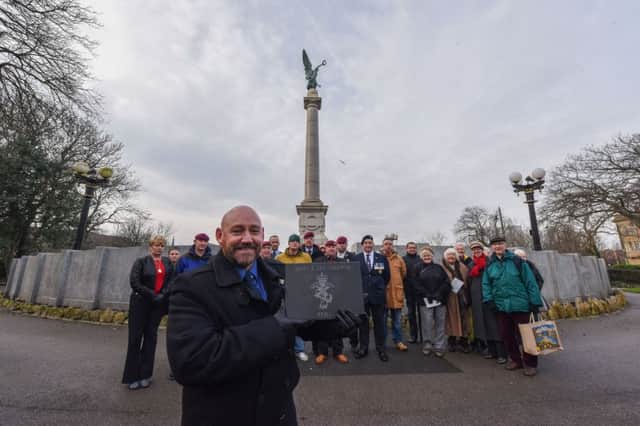 Launch of a Veterans Walk in Mowbray Park, with Tom Cuthbertson pictuted with one of the granite stones for the walk, other veterans and familes and Friends of Mowbary Park.