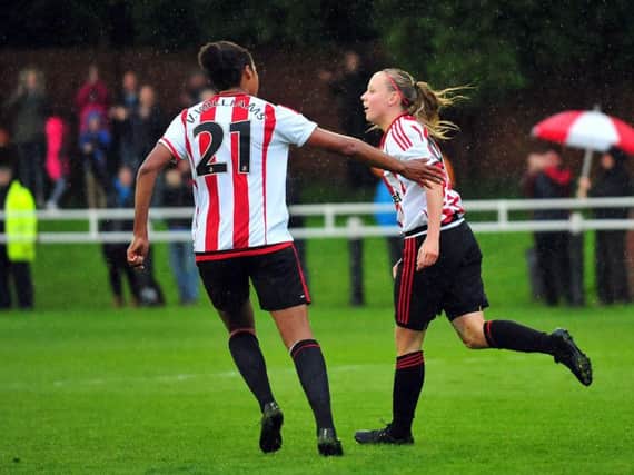 Beth Mead (right) celebrates scoring for Sunderland Ladies