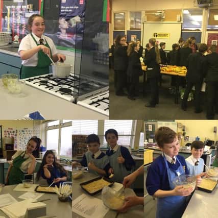 Hetton School Year 7 and 8 hard at work preparing for their Fairtrade coffee morning held to raise awareness about Fairtrade.