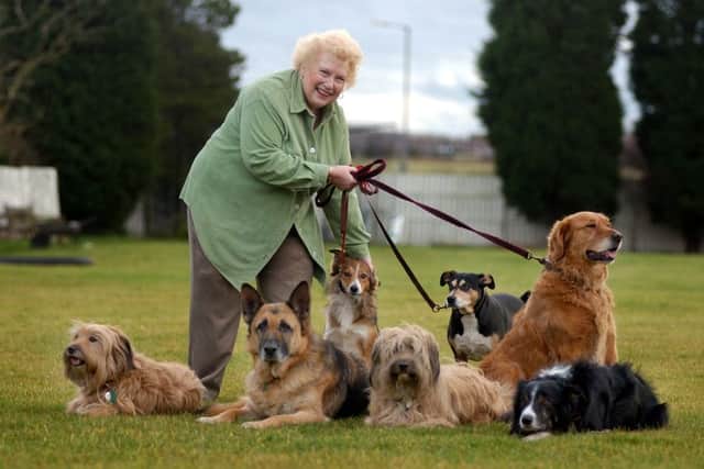 DENISE ROBERTSON WITH DOGS BEING AUDITIONED FOR PART IN FINE, FINE, FINE, AT DURHAM'S GALA THEATRE.